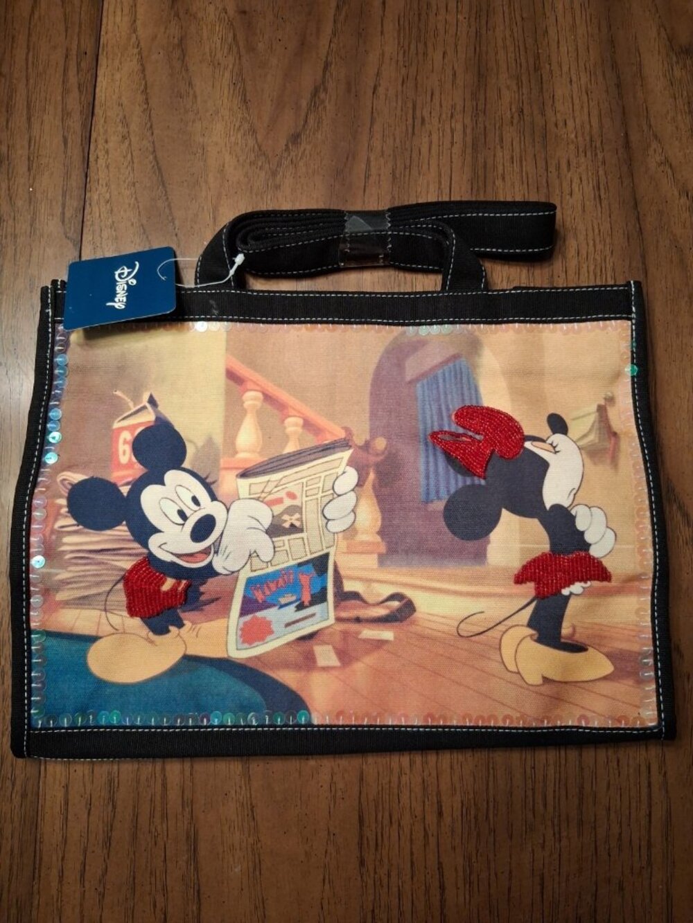 NWT Disney Mickey and Minnie Mouse Beaded Canvas Tote Purse Bag Black